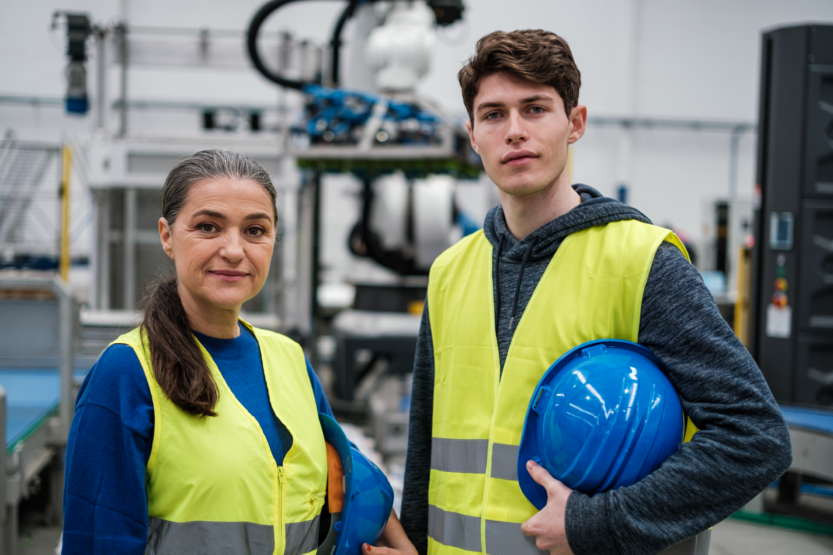 Woman business owner with male apprentice. Both wearing PPE in a factory environment.