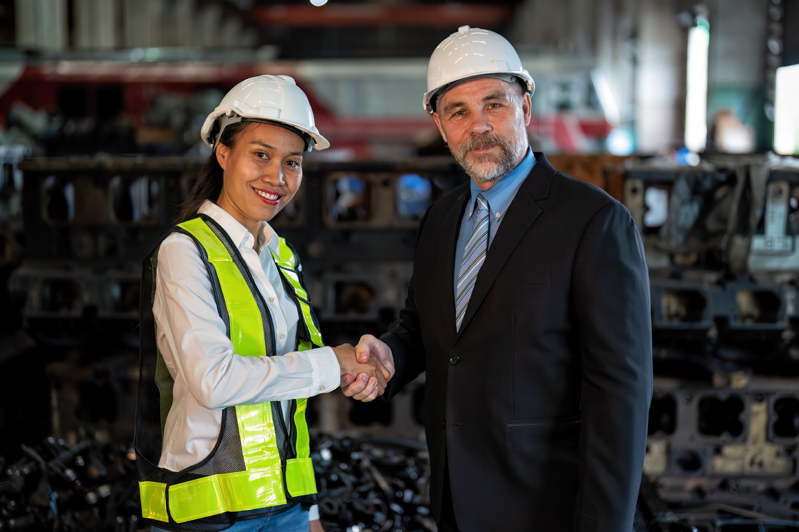 Two industry professionals shaking hands and smiling at the camera