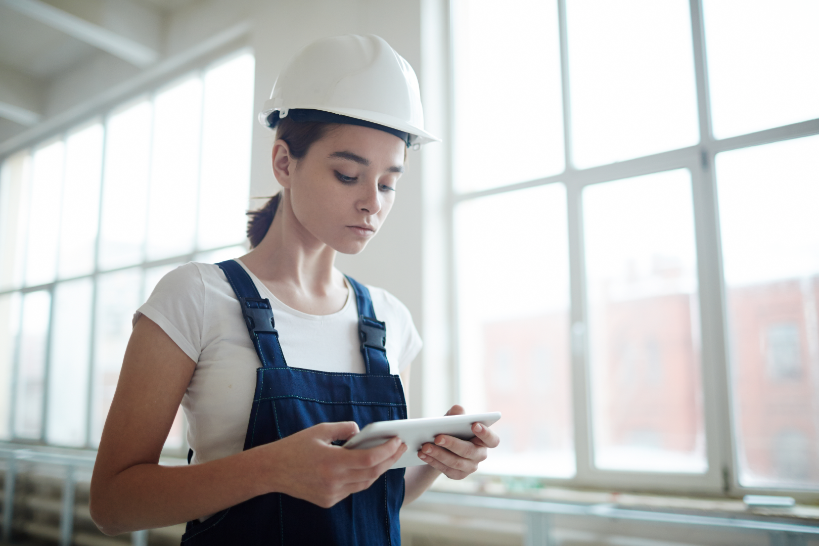 Young woman apprentice wearing a protective helmet and looking at a tablet